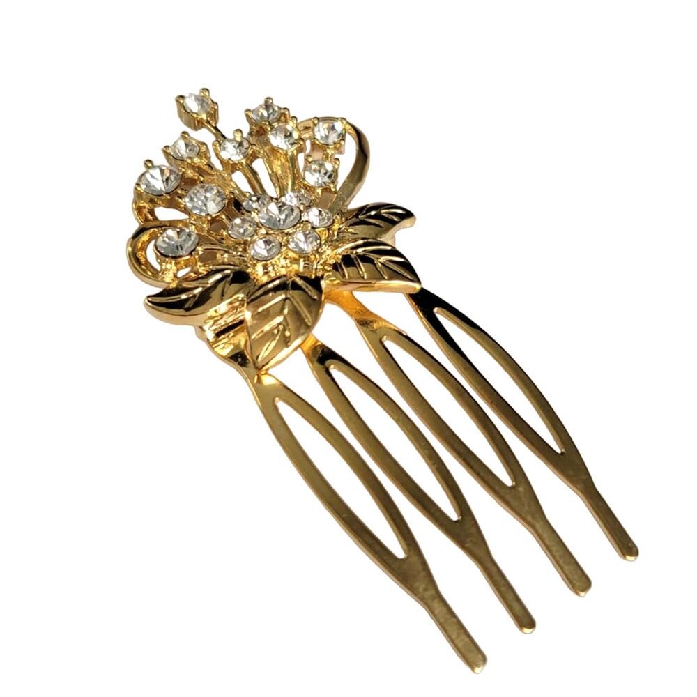 Hair Comb Women's Gold Tone Rhinestone Crystal Leaf Floral Elegant Feminine